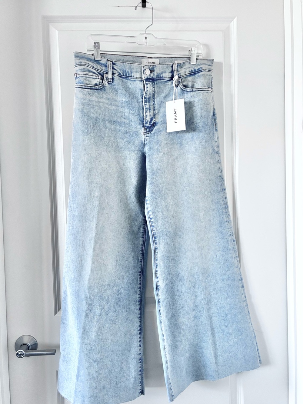 NWT FRAME Le Palazzo Crop Jeans 32 High Rise Wide Leg Light Wash Raw Hem